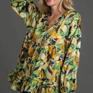 Umgee Green and Yellow Floral Blouse